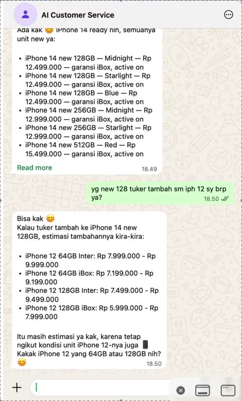 Tangkapan layar WhatsApp: AI menjawab harga iPhone 14 dan estimasi tukar tambah dari iPhone 12, jam 18.50